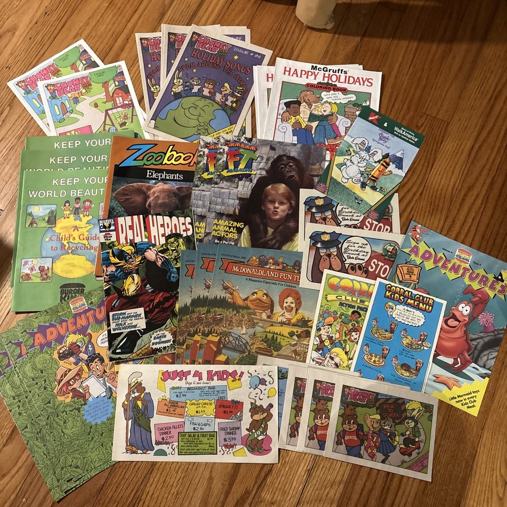 Vintage 90's Burger King Kids Club, Shoneys, Pizza Hut, Adventures Magazines